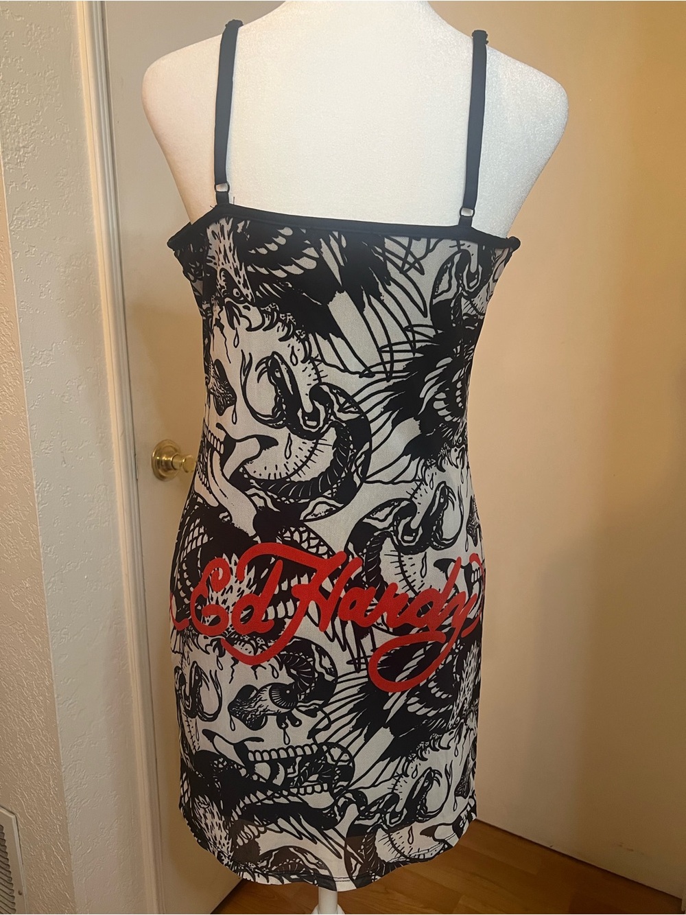 Ed Hardy Black & cream Graphic Slip Dress with Script Logo